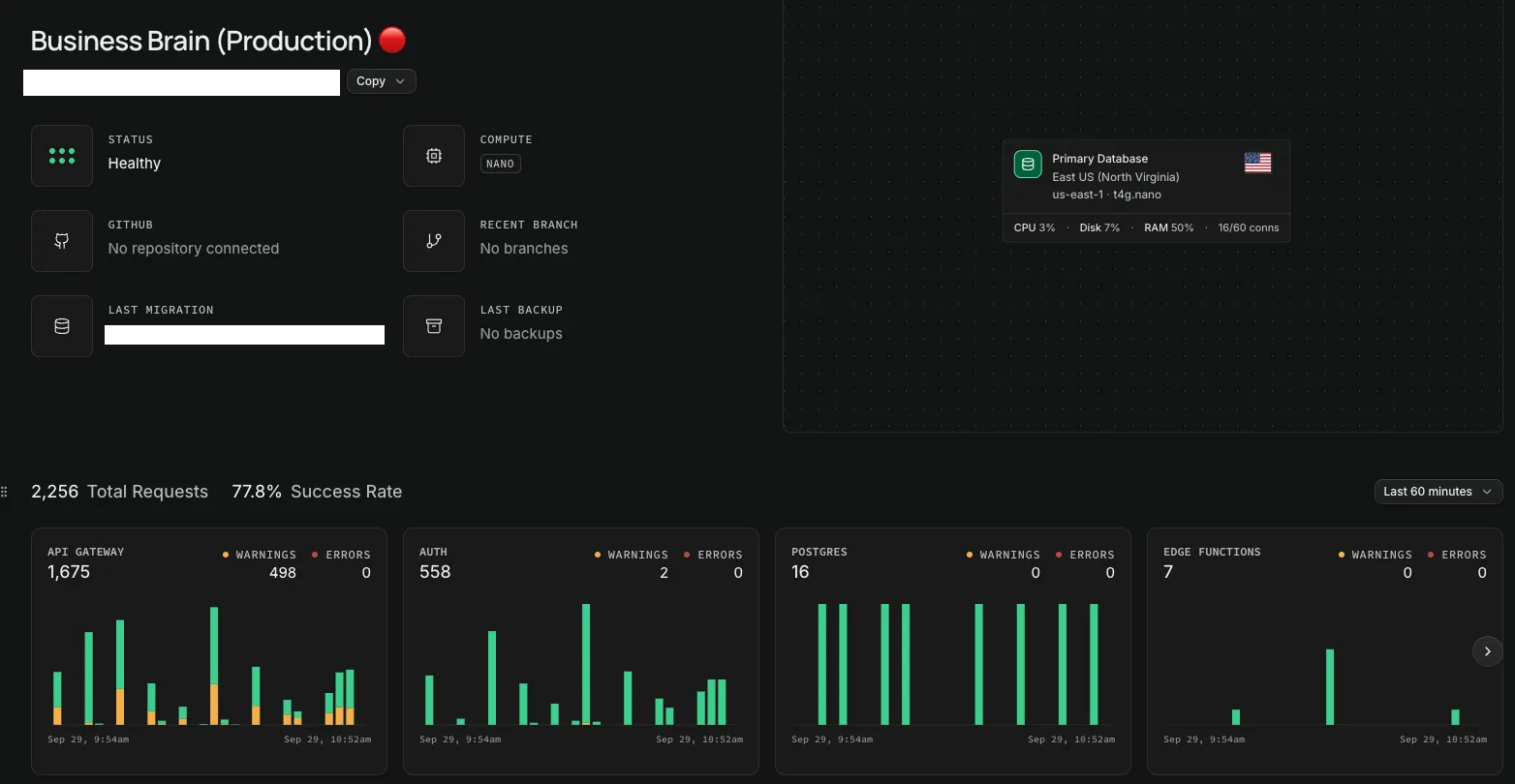 The Business Brain database dashboard: status healthy, with API, auth, Postgres and edge function request charts